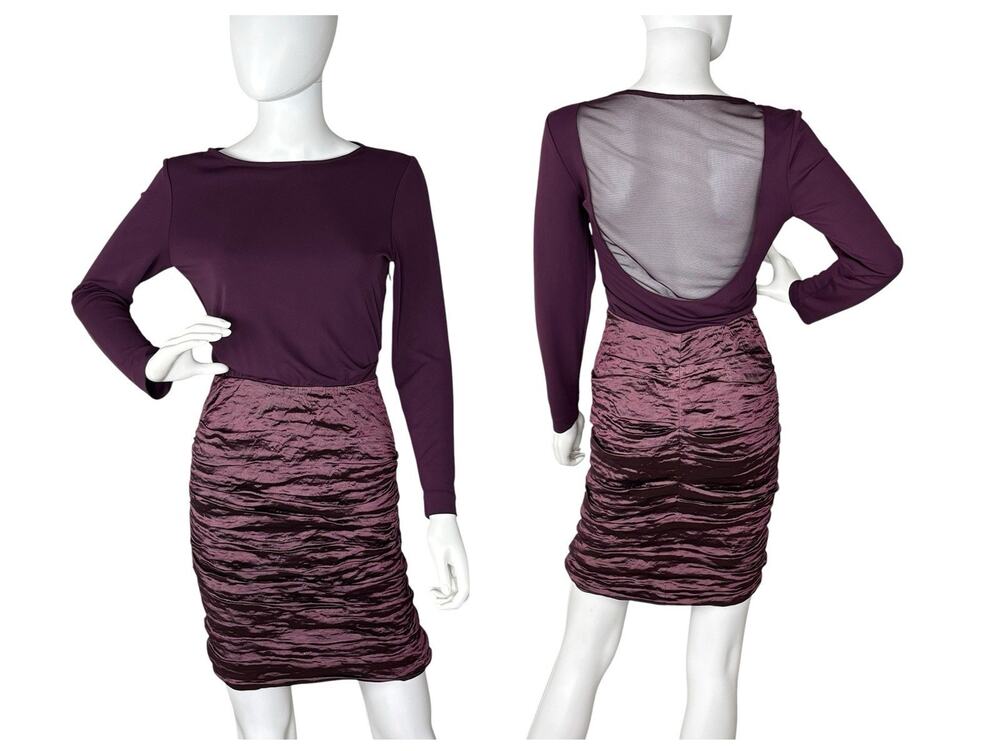 VTG NICOLE MILLER Dress Crinkle Ruched Pearly Illusion Back Eggplant Purple Sz S